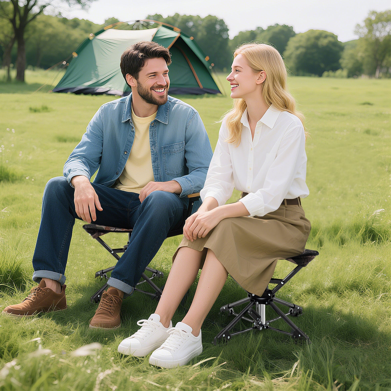 Folding Camping Stool 360° Swivel Hunting Chair with Anti-Sink Feet-Camouflage