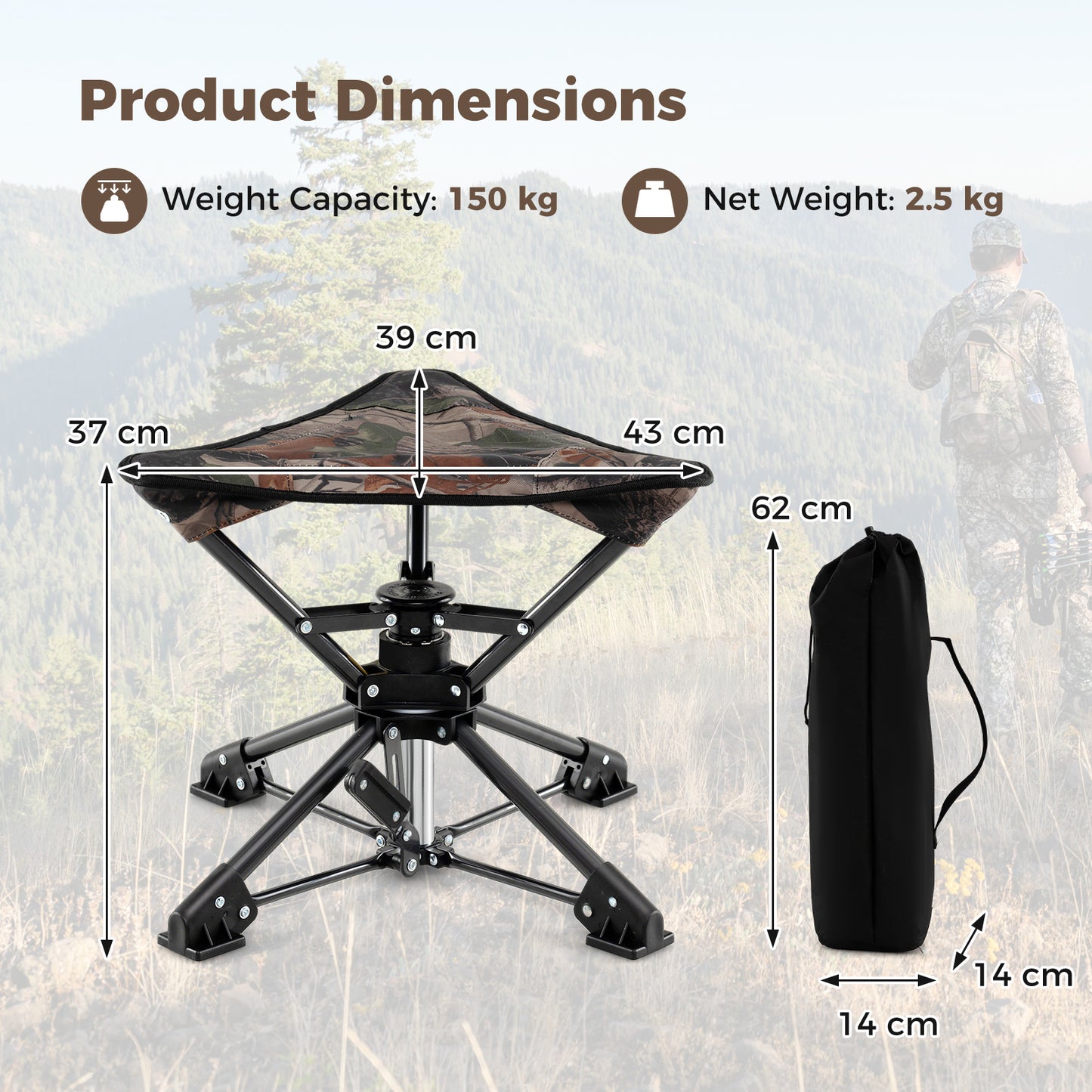 Folding Camping Stool 360° Swivel Hunting Chair with Anti-Sink Feet-Camouflage