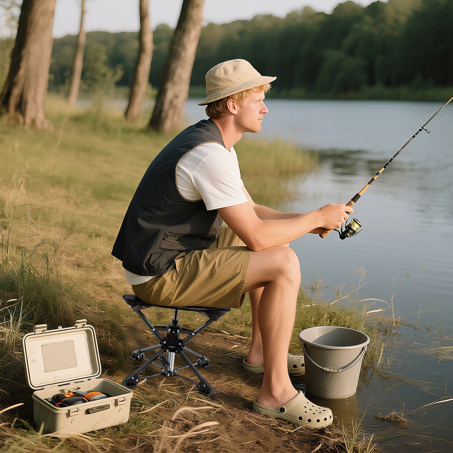 Folding Camping Stool 360° Swivel Hunting Chair with Anti-Sink Feet-Camouflage