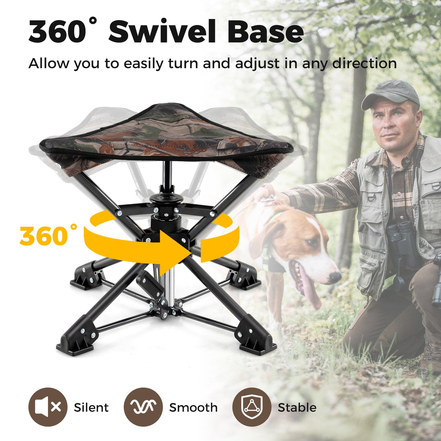 Folding Camping Stool 360° Swivel Hunting Chair with Anti-Sink Feet-Camouflage