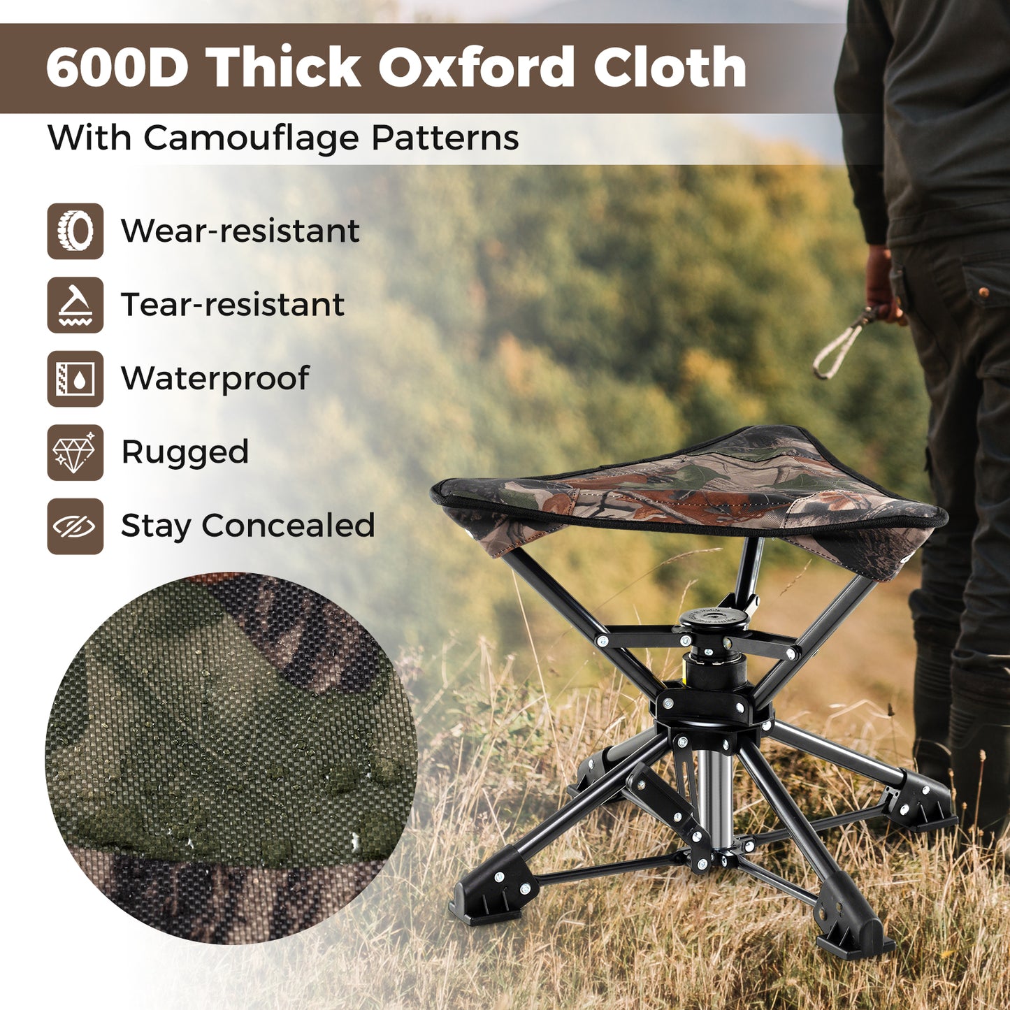 Folding Camping Stool 360° Swivel Hunting Chair with Anti-Sink Feet-Camouflage