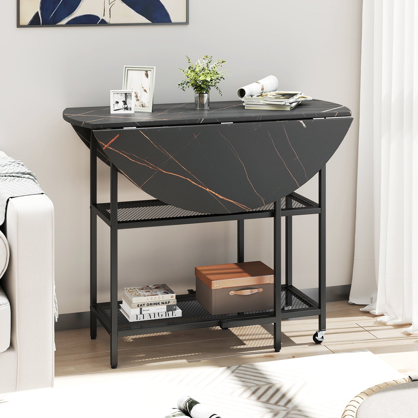 Folding Dining Table with 2 Storage Shelves and Lockable Wheels-Black