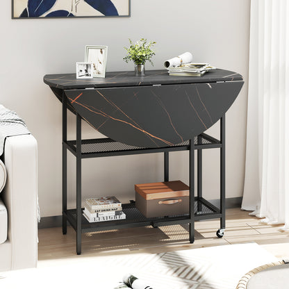Folding Dining Table with 2 Storage Shelves and Lockable Wheels-Black