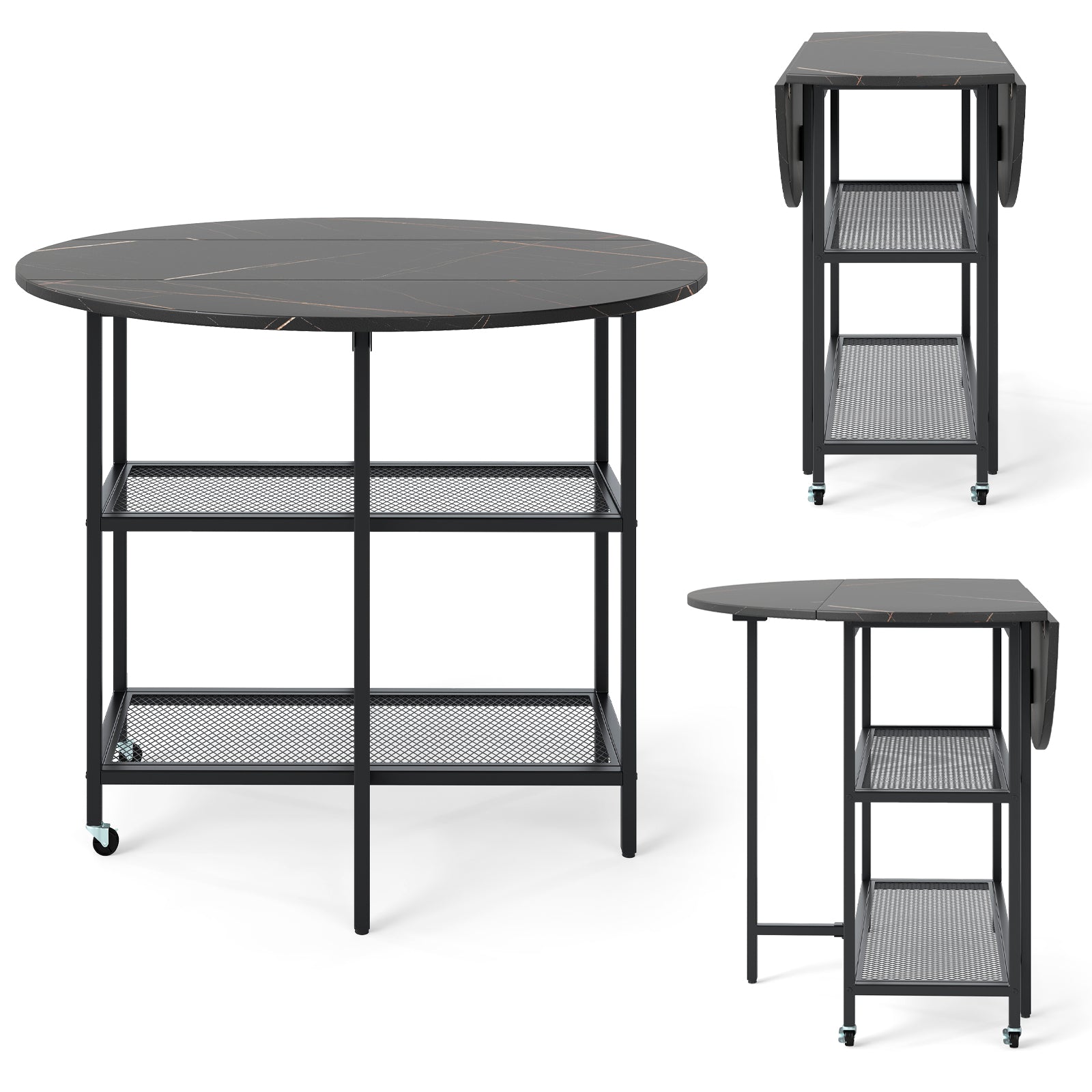 Folding Dining Table with 2 Storage Shelves and Lockable Wheels-Black