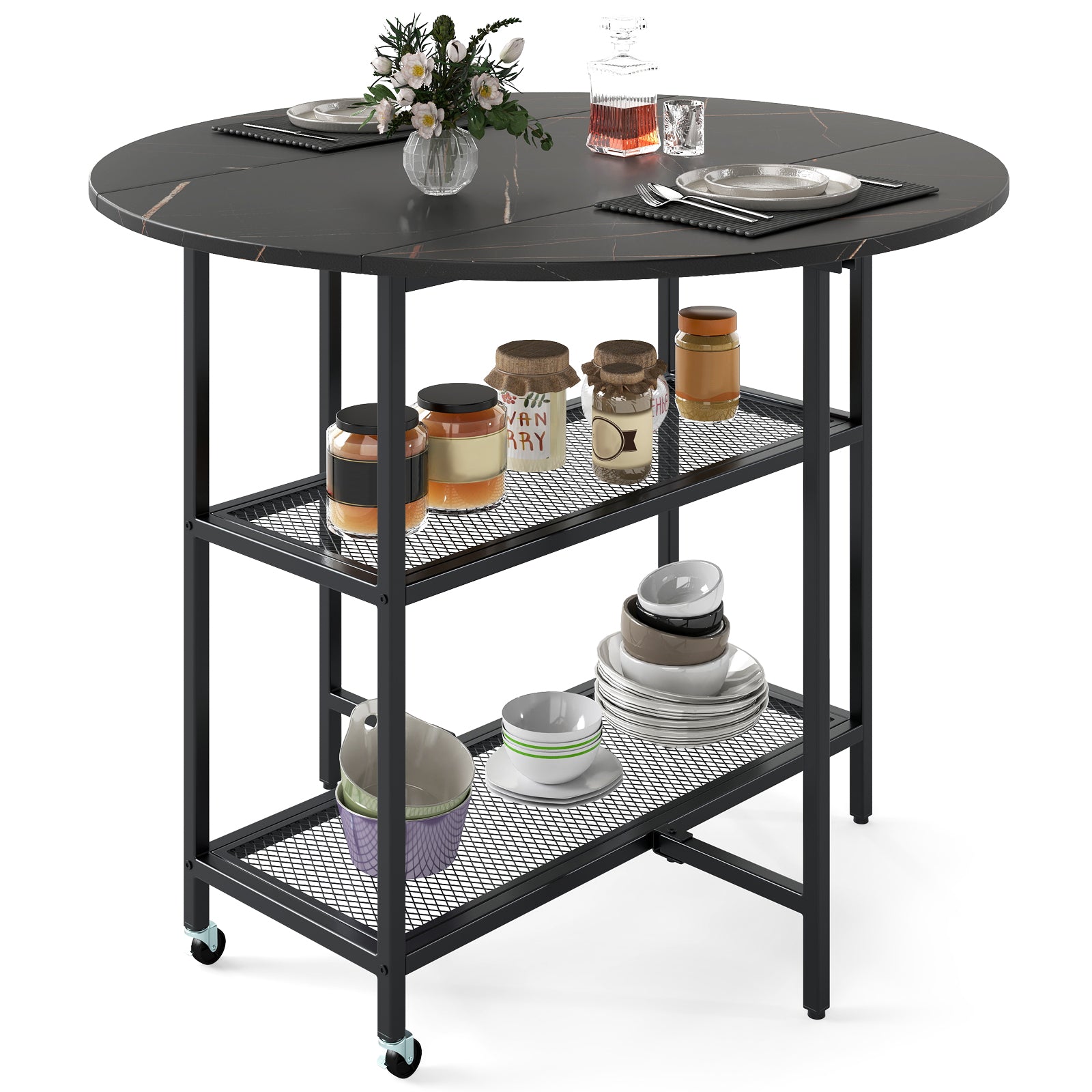 Folding Dining Table with 2 Storage Shelves and Lockable Wheels-Black