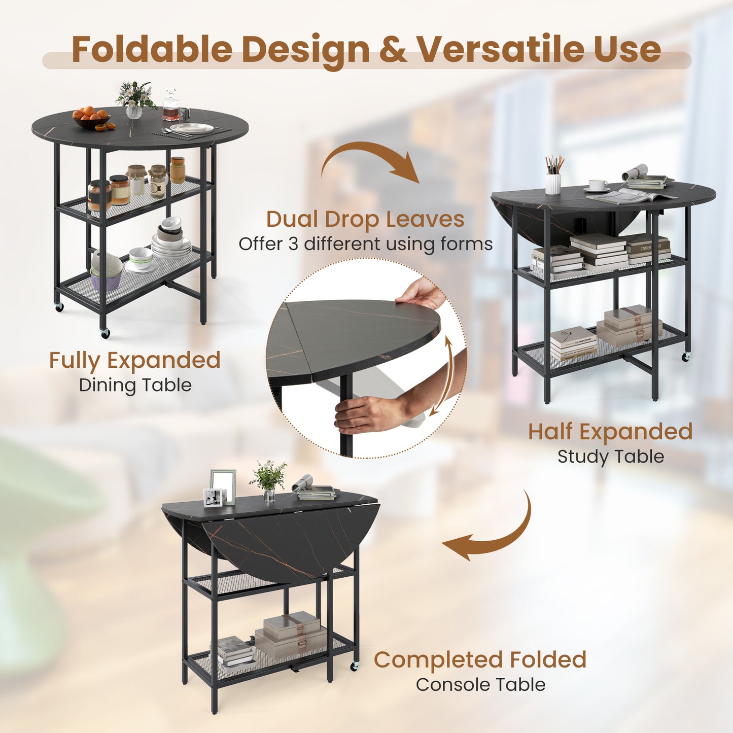 Folding Dining Table with 2 Storage Shelves and Lockable Wheels-Black