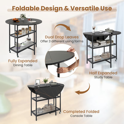 Folding Dining Table with 2 Storage Shelves and Lockable Wheels-Black