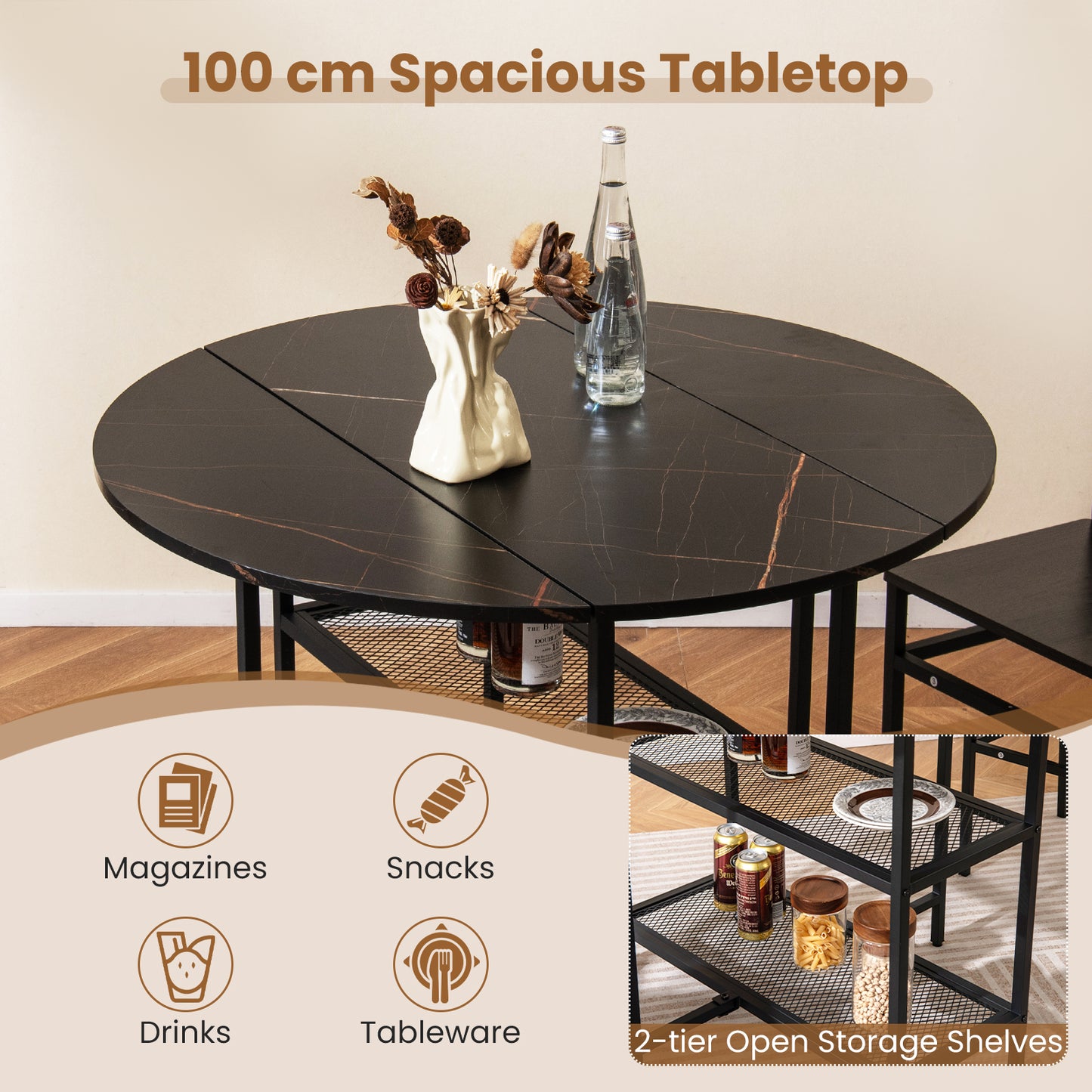 Folding Dining Table with 2 Storage Shelves and Lockable Wheels-Black