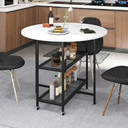Folding Dining Table with 2 Storage Shelves and Lockable Wheels-White
