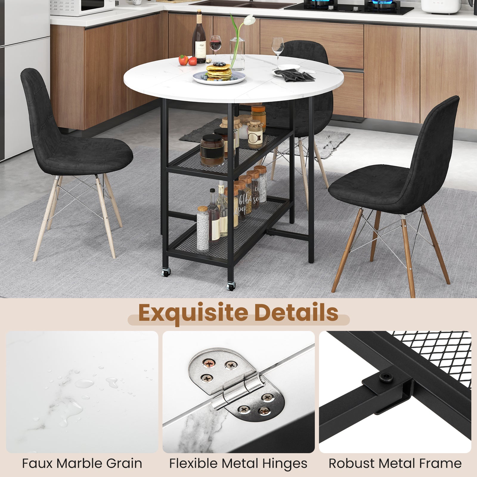 Folding Dining Table with 2 Storage Shelves and Lockable Wheels-White