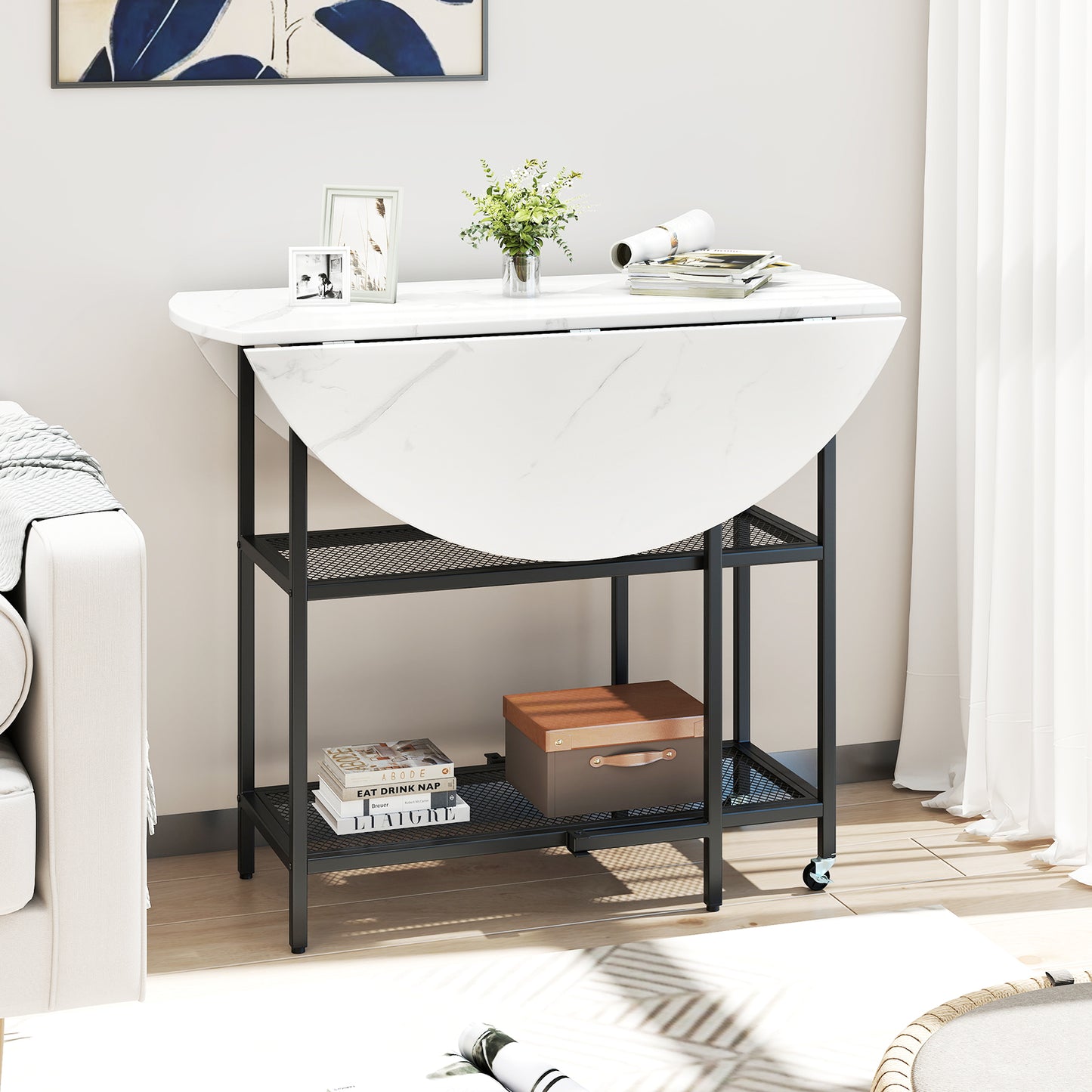 Folding Dining Table with 2 Storage Shelves and Lockable Wheels-White