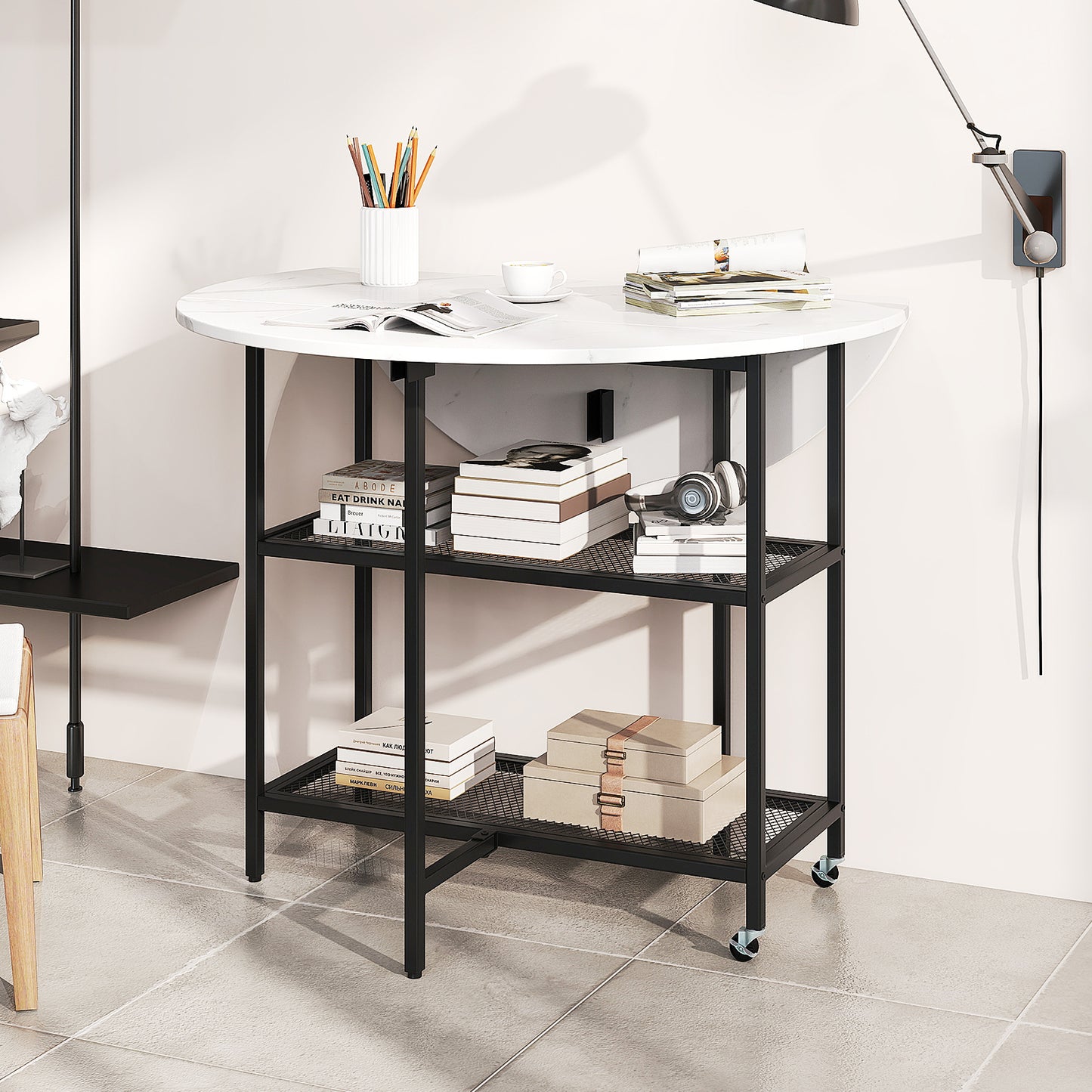 Folding Dining Table with 2 Storage Shelves and Lockable Wheels-White