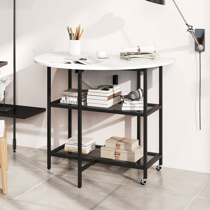 Folding Dining Table with 2 Storage Shelves and Lockable Wheels-White