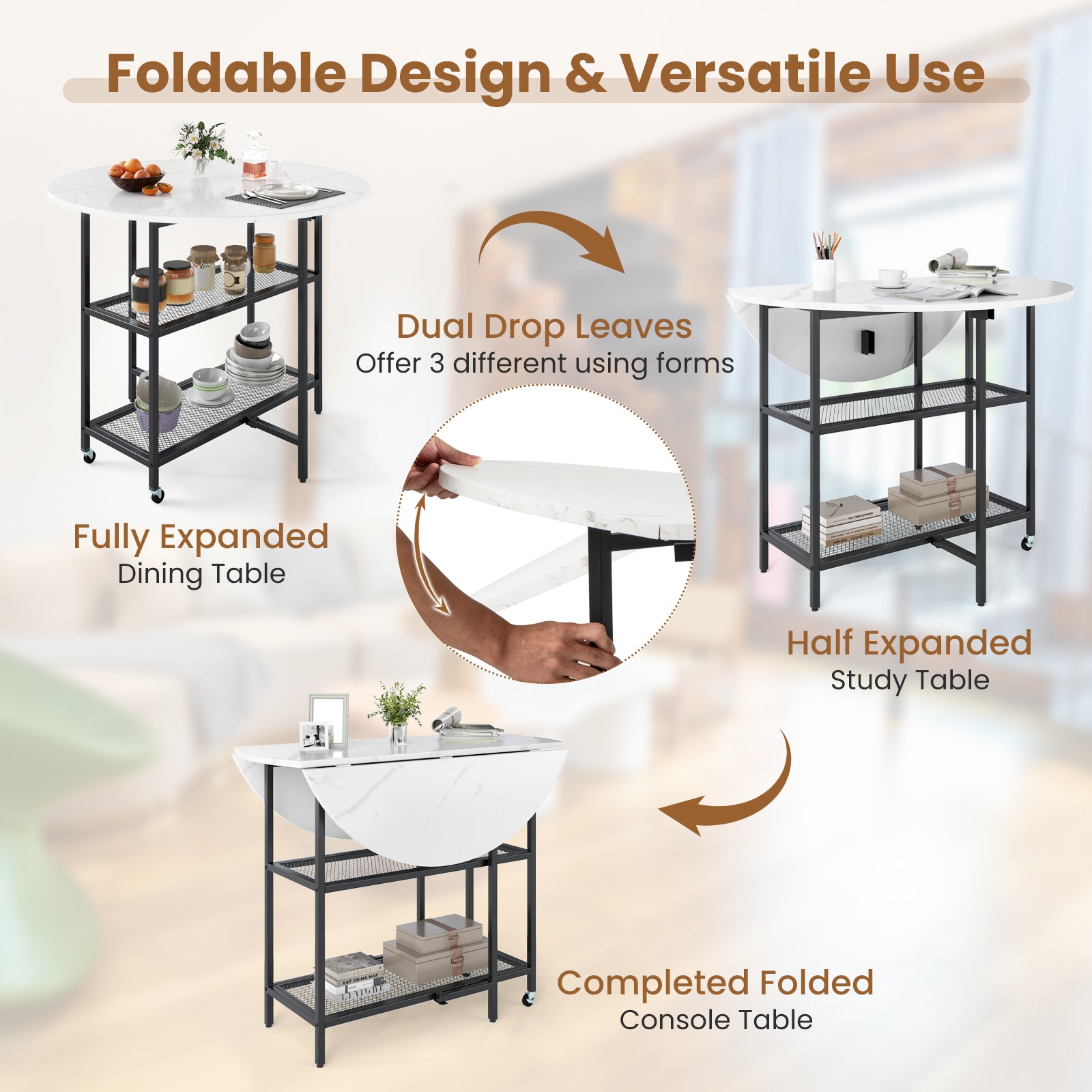 Folding Dining Table with 2 Storage Shelves and Lockable Wheels-White