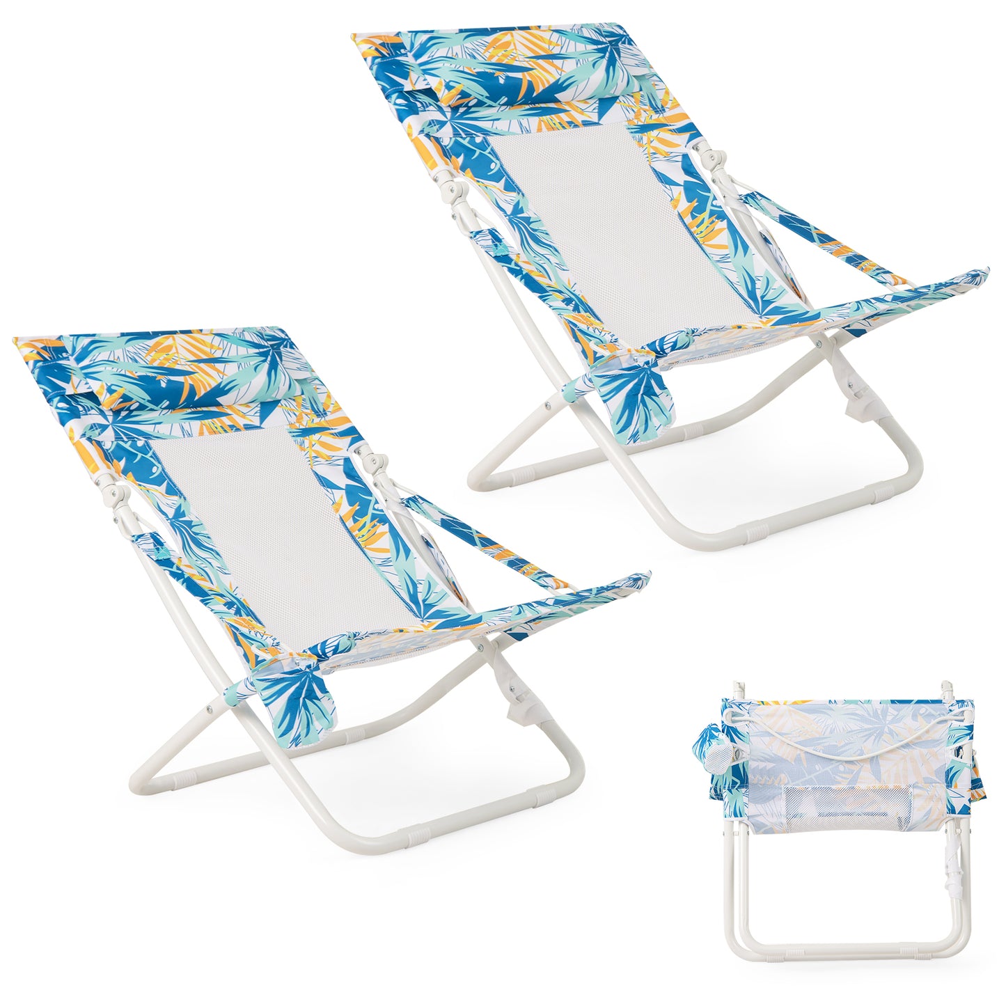 Folding Low Beach Chair Set of 2 with Padded Head Pillow-Blue-2 pieces