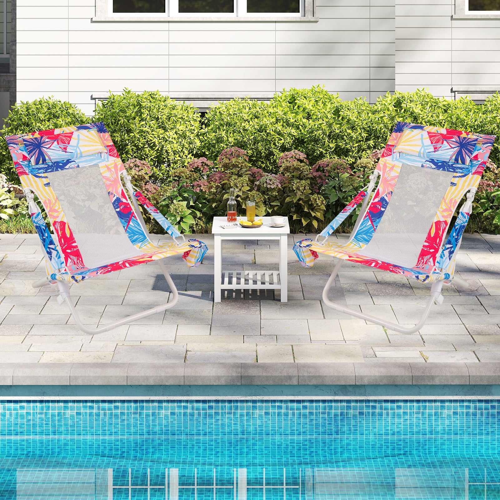 Folding Low Beach Chair Set of 2 with Padded Head Pillow-Pink-2 pieces