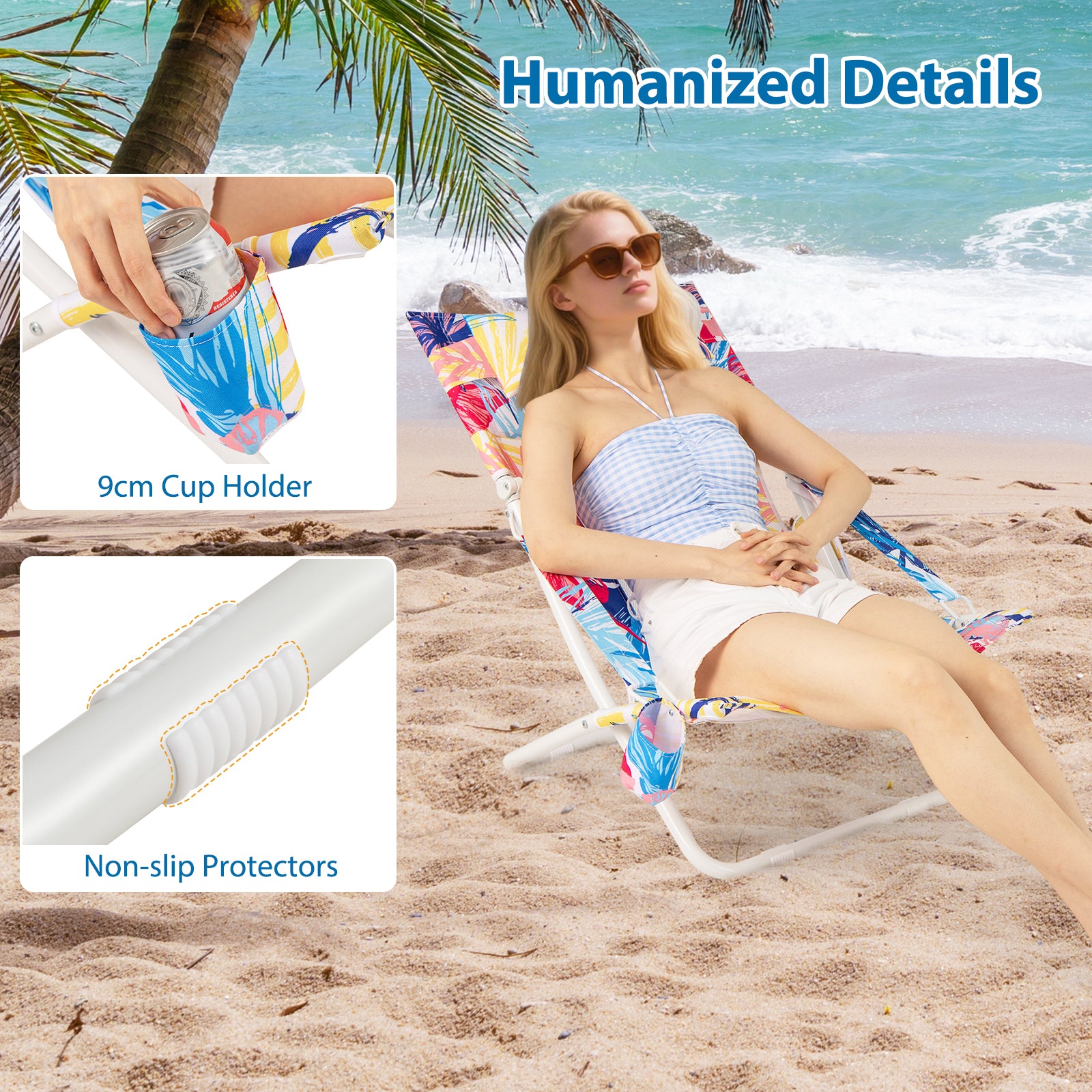 Folding Low Beach Chair Set of 2 with Padded Head Pillow-Pink-2 pieces