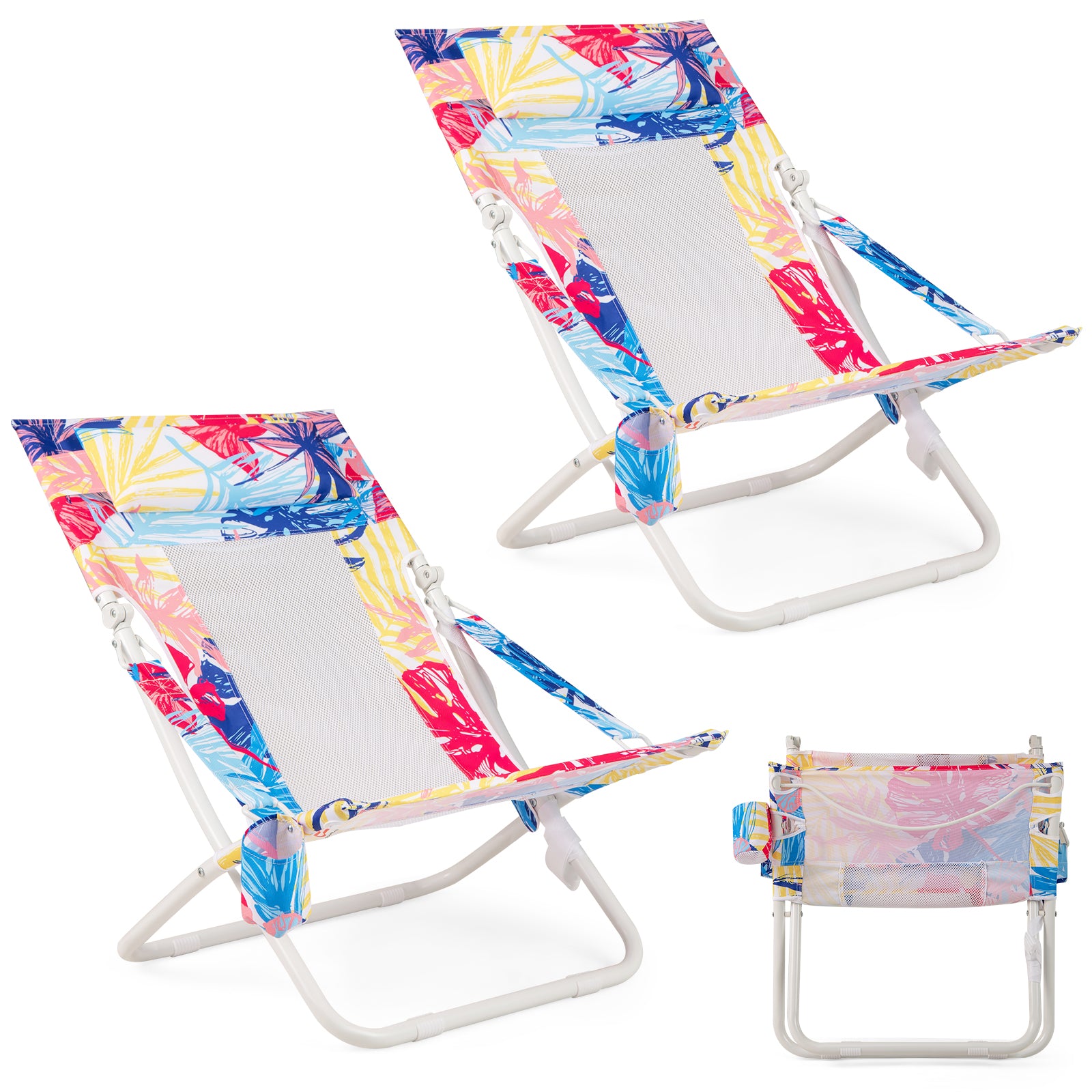 Folding Low Beach Chair Set of 2 with Padded Head Pillow-Pink-2 pieces