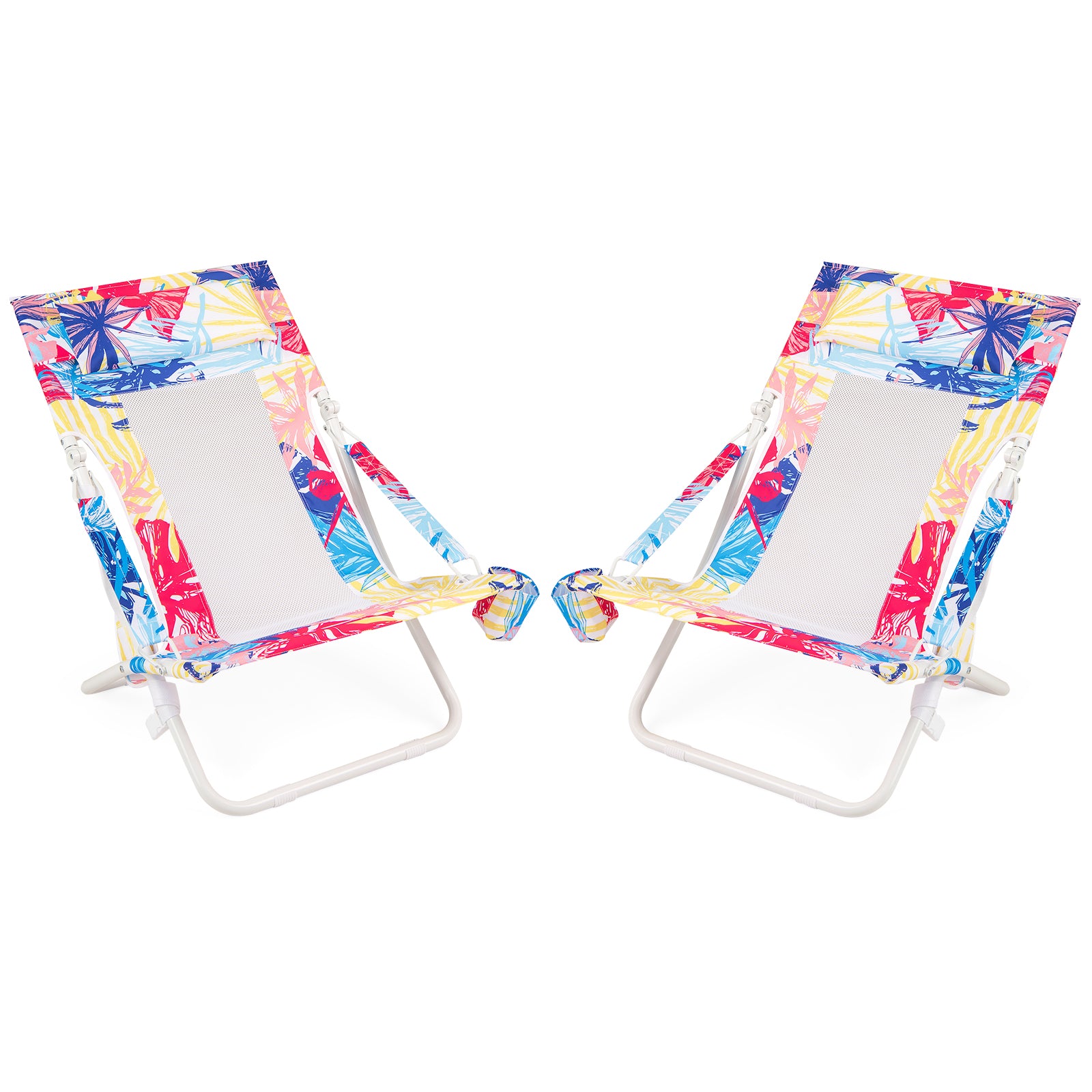 Folding Low Beach Chair Set of 2 with Padded Head Pillow-Pink-2 pieces