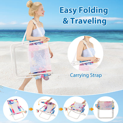 Folding Low Beach Chair Set of 2 with Padded Head Pillow-Pink-2 pieces