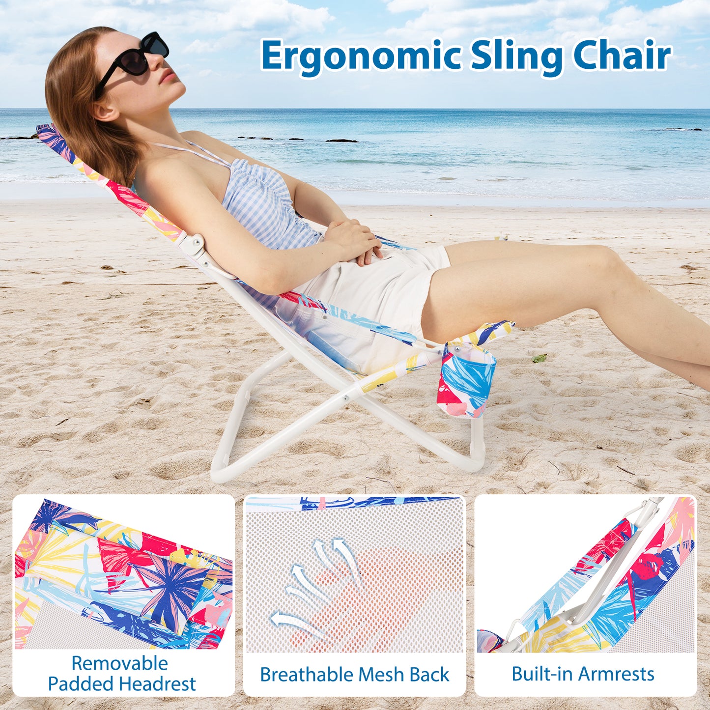 Folding Low Beach Chair Set of 2 with Padded Head Pillow-Pink-2 pieces