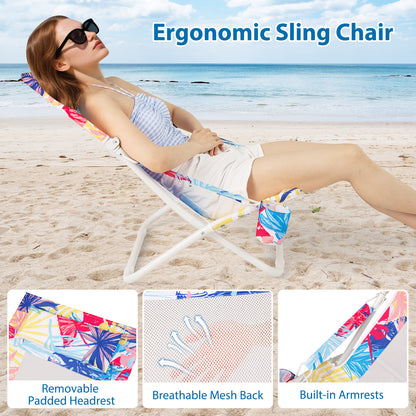 Folding Low Beach Chair Set of 2 with Padded Head Pillow-Pink-2 pieces