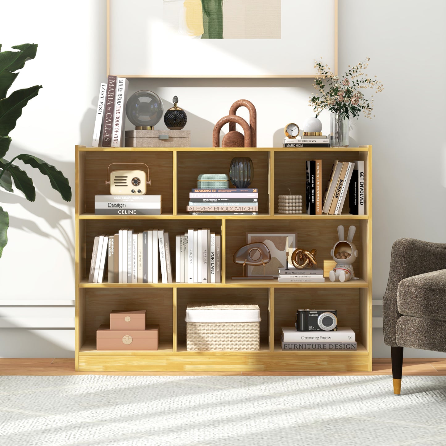Freestanding 3-tier Open Bookshelf Modern 8-Cube Storage Display Shelving-Yellow