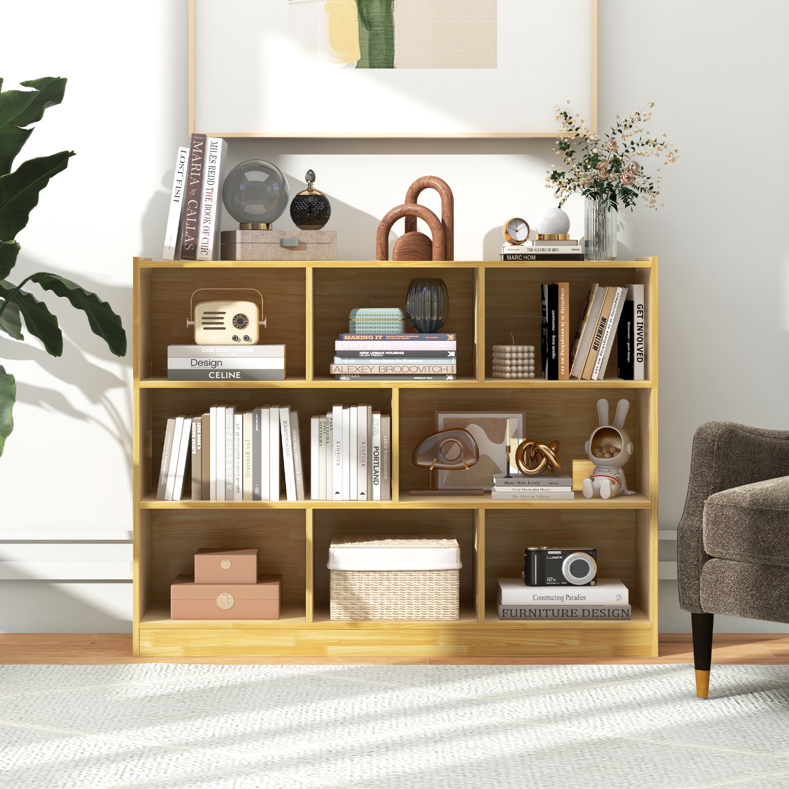 Freestanding 3-tier Open Bookshelf Modern 8-Cube Storage Display Shelving-Yellow
