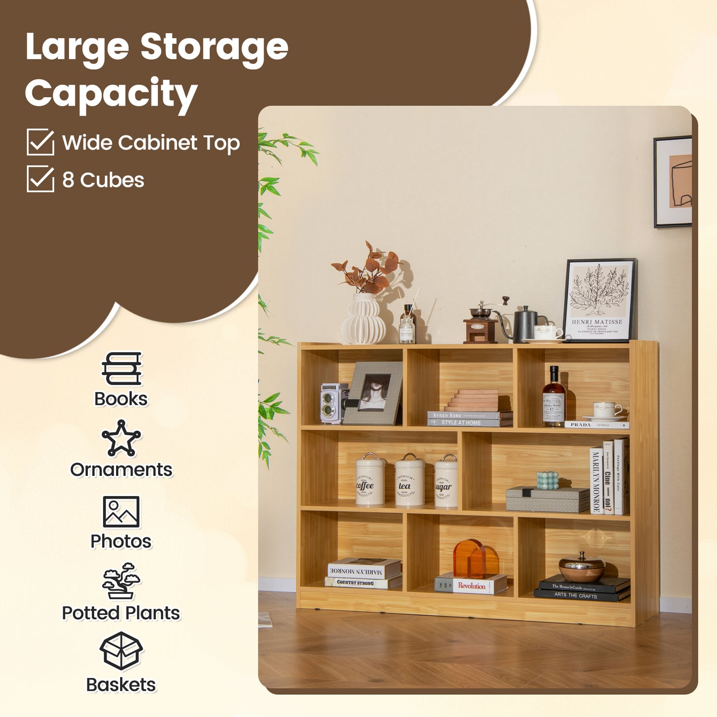 Freestanding 3-tier Open Bookshelf Modern 8-Cube Storage Display Shelving-Yellow