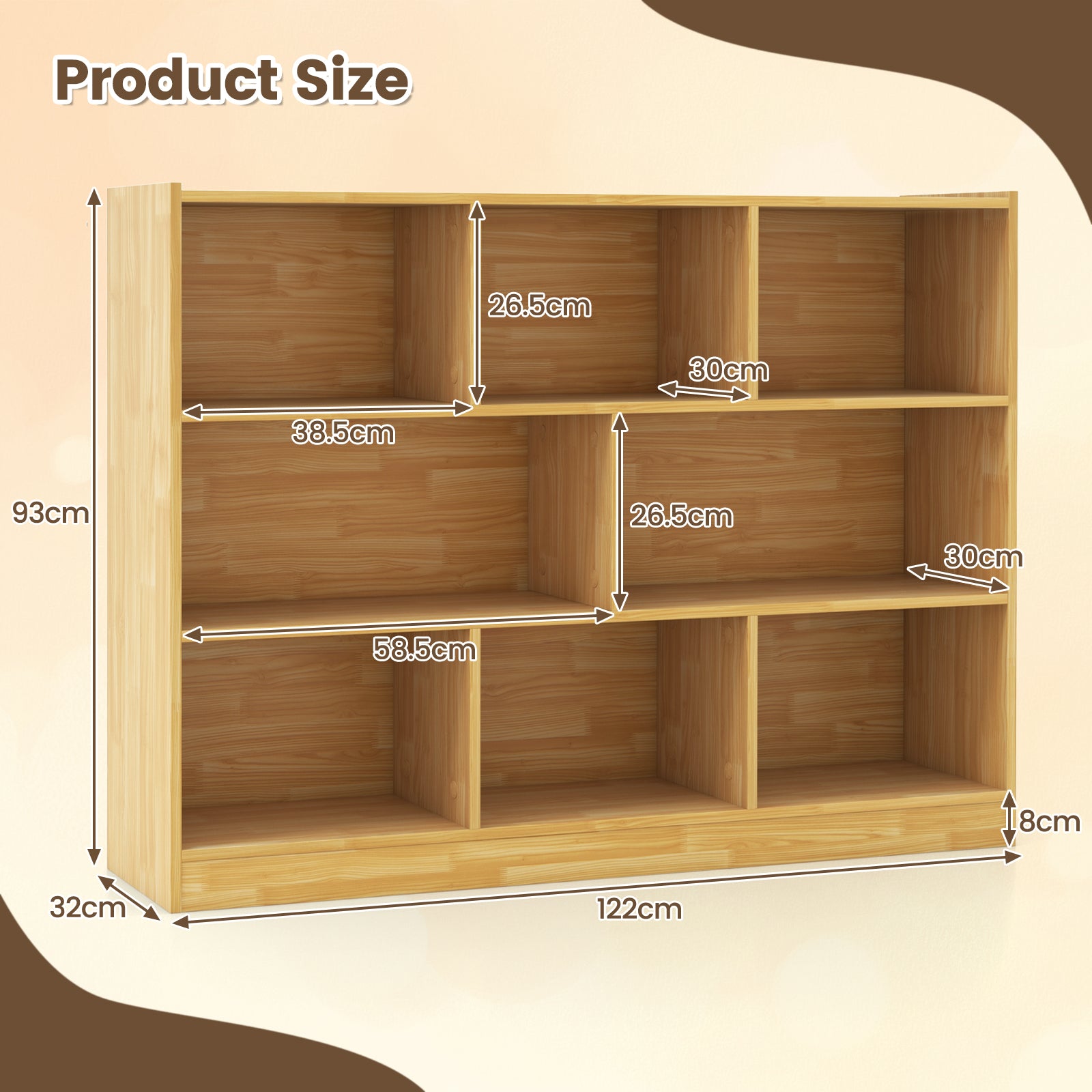 Freestanding 3-tier Open Bookshelf Modern 8-Cube Storage Display Shelving-Yellow