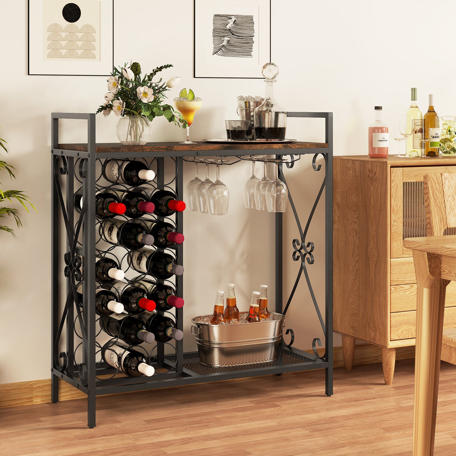 21 Bottle Wine Rack Freestanding Floor Wine Bottle Organizer-Rustic Brown