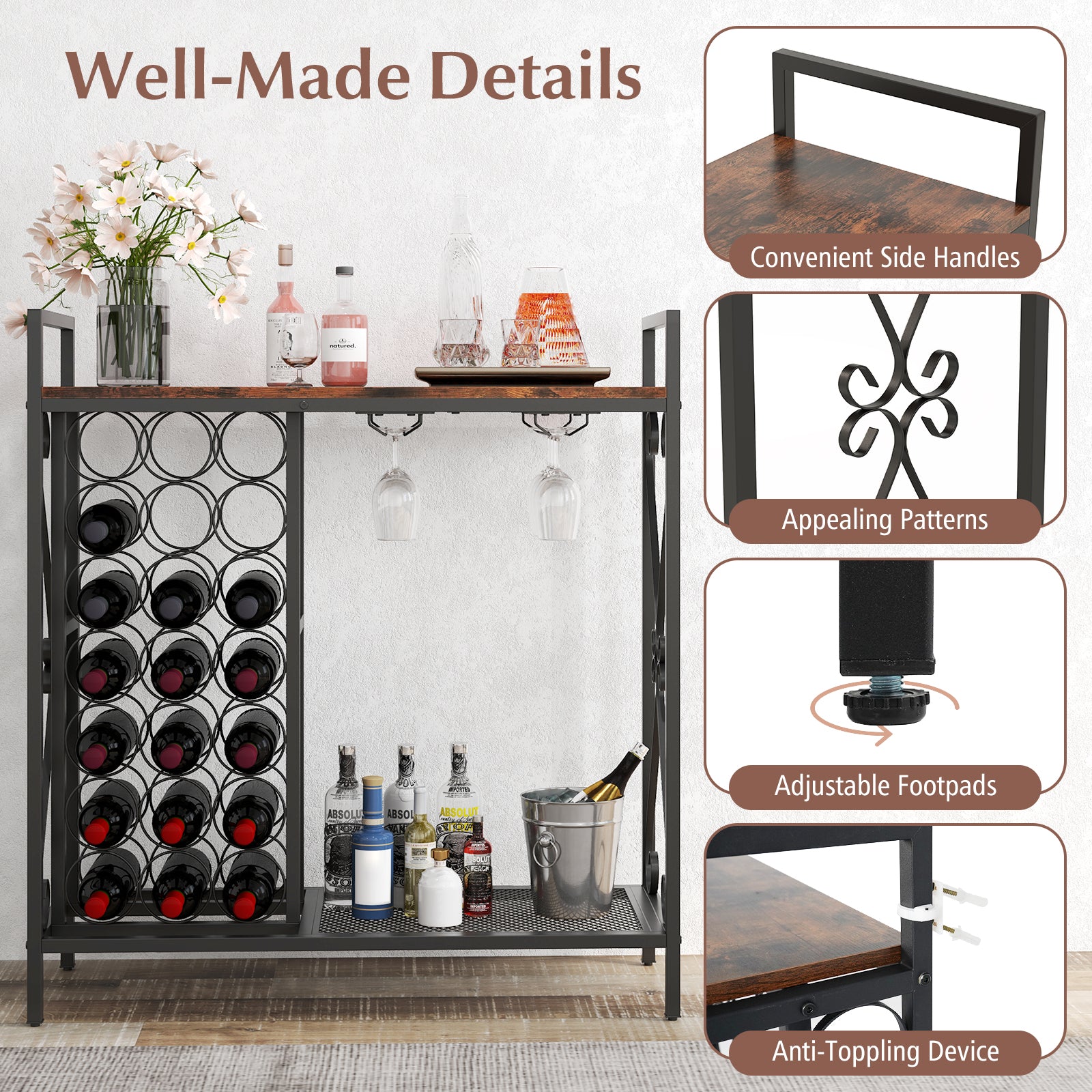 21 Bottle Wine Rack Freestanding Floor Wine Bottle Organizer-Rustic Brown