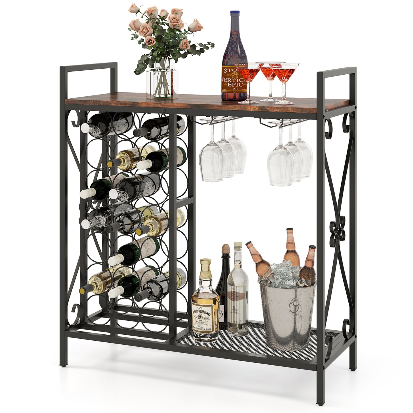 21 Bottle Wine Rack Freestanding Floor Wine Bottle Organizer-Rustic Brown