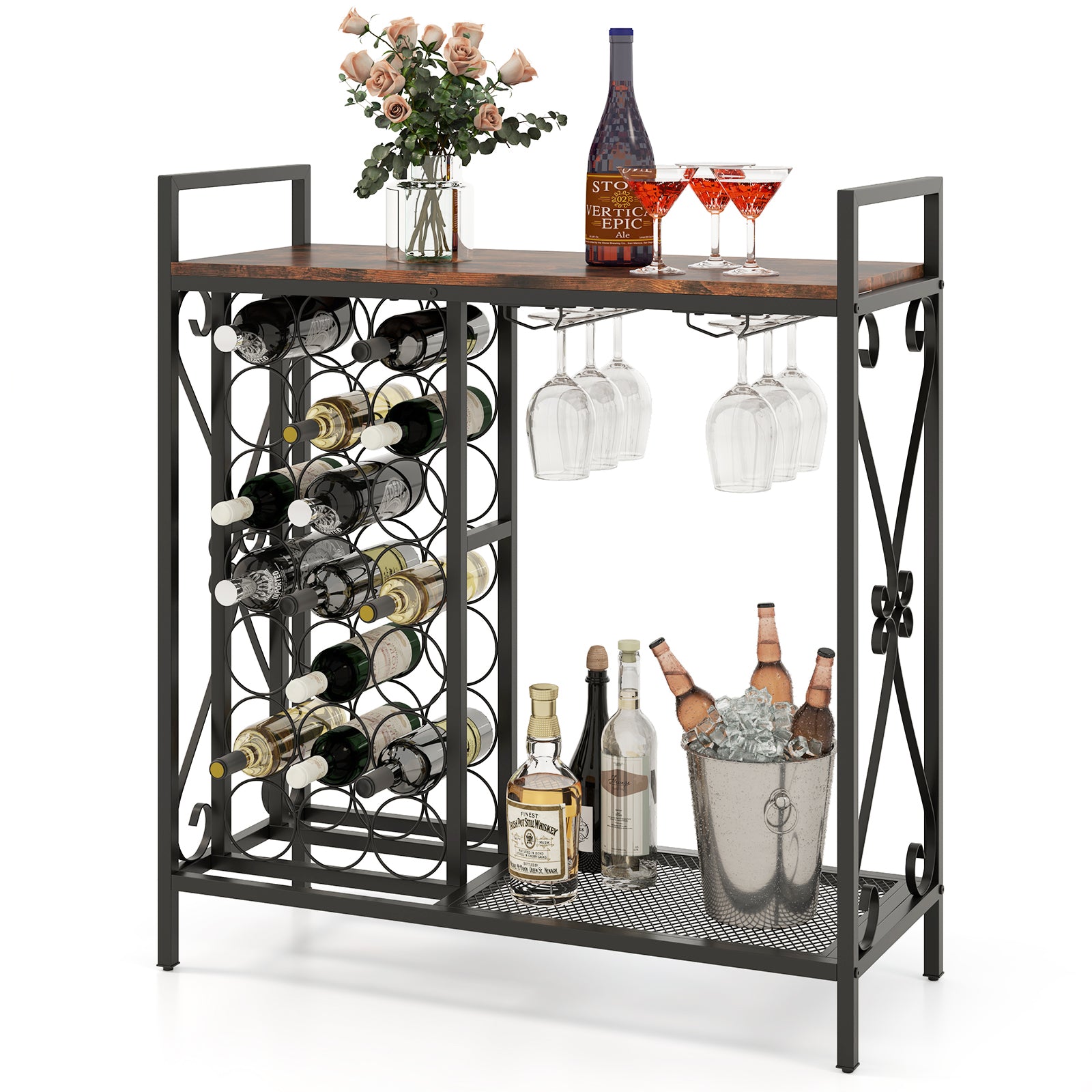 21 Bottle Wine Rack Freestanding Floor Wine Bottle Organizer-Rustic Brown