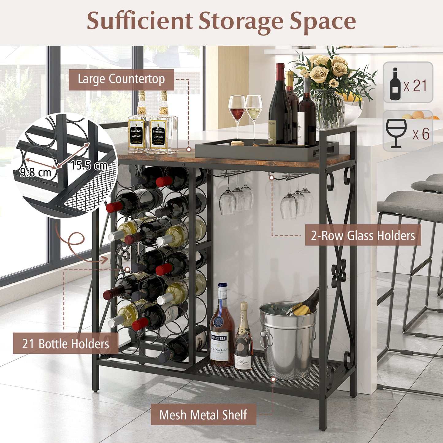21 Bottle Wine Rack Freestanding Floor Wine Bottle Organizer-Rustic Brown