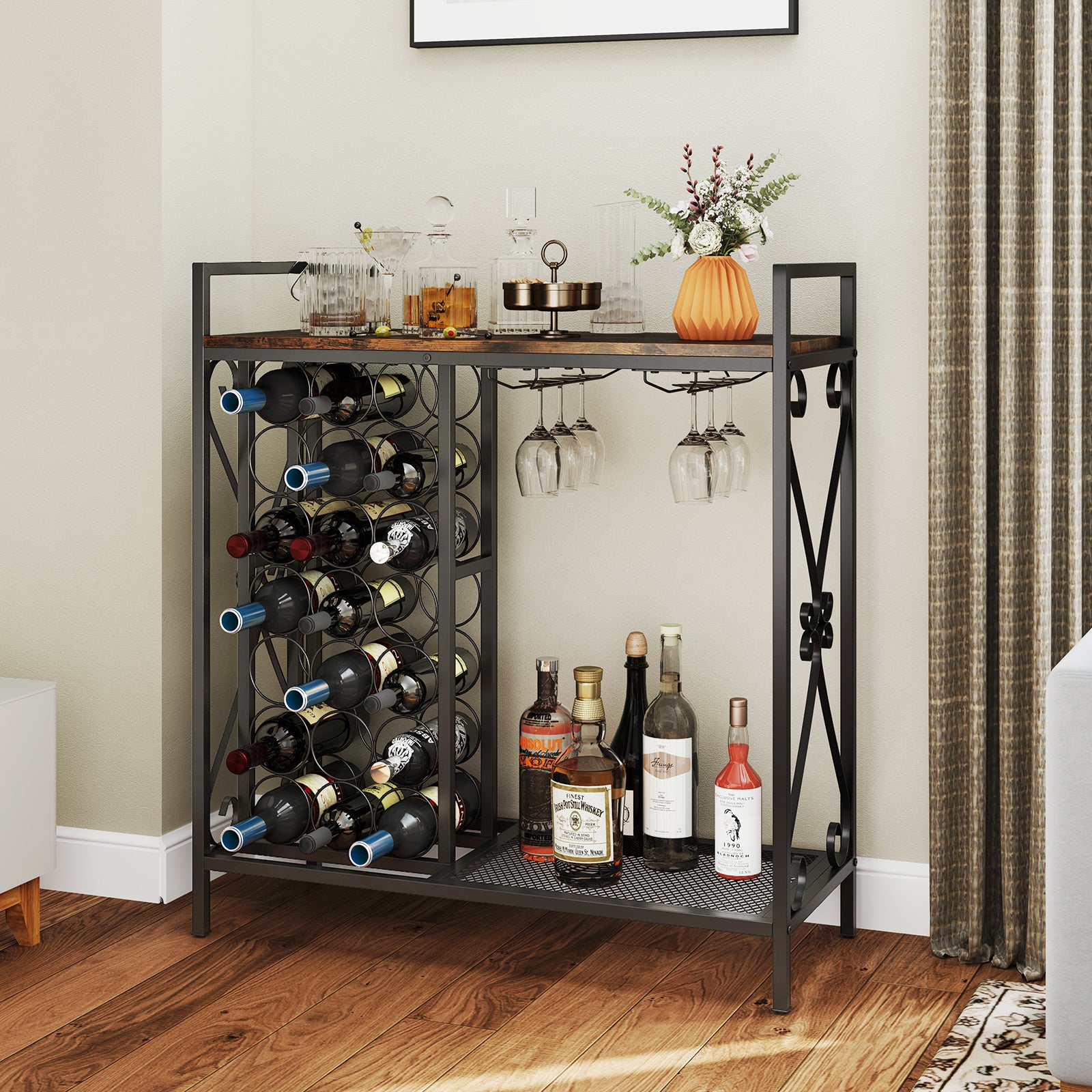 21 Bottle Wine Rack Freestanding Floor Wine Bottle Organizer-Rustic Brown