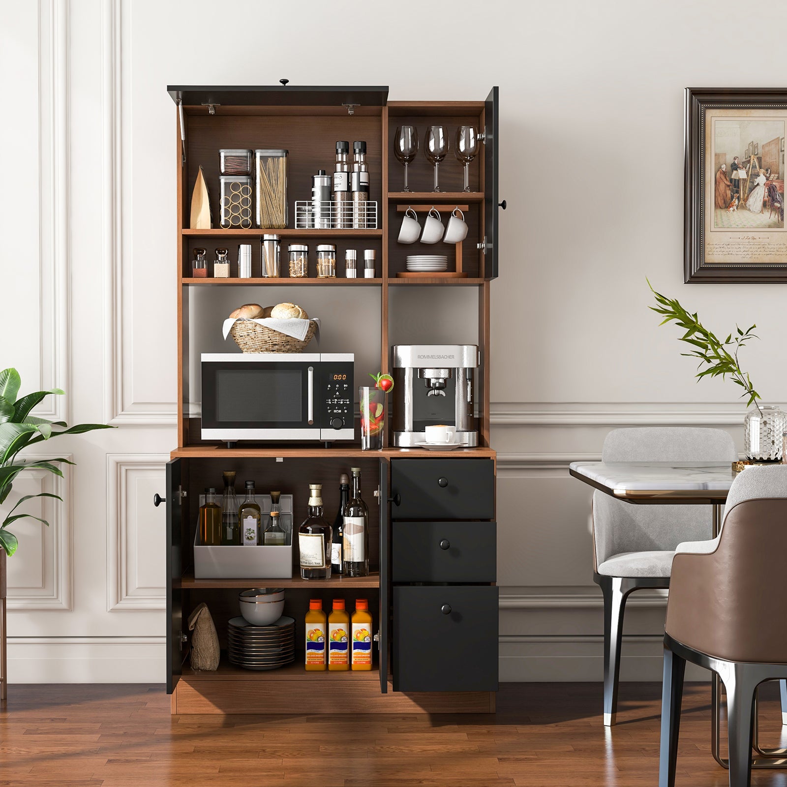 Freestanding Kitchen Pantry Cabinet with Wide Countertop and Adjustable Shelves-Walnut