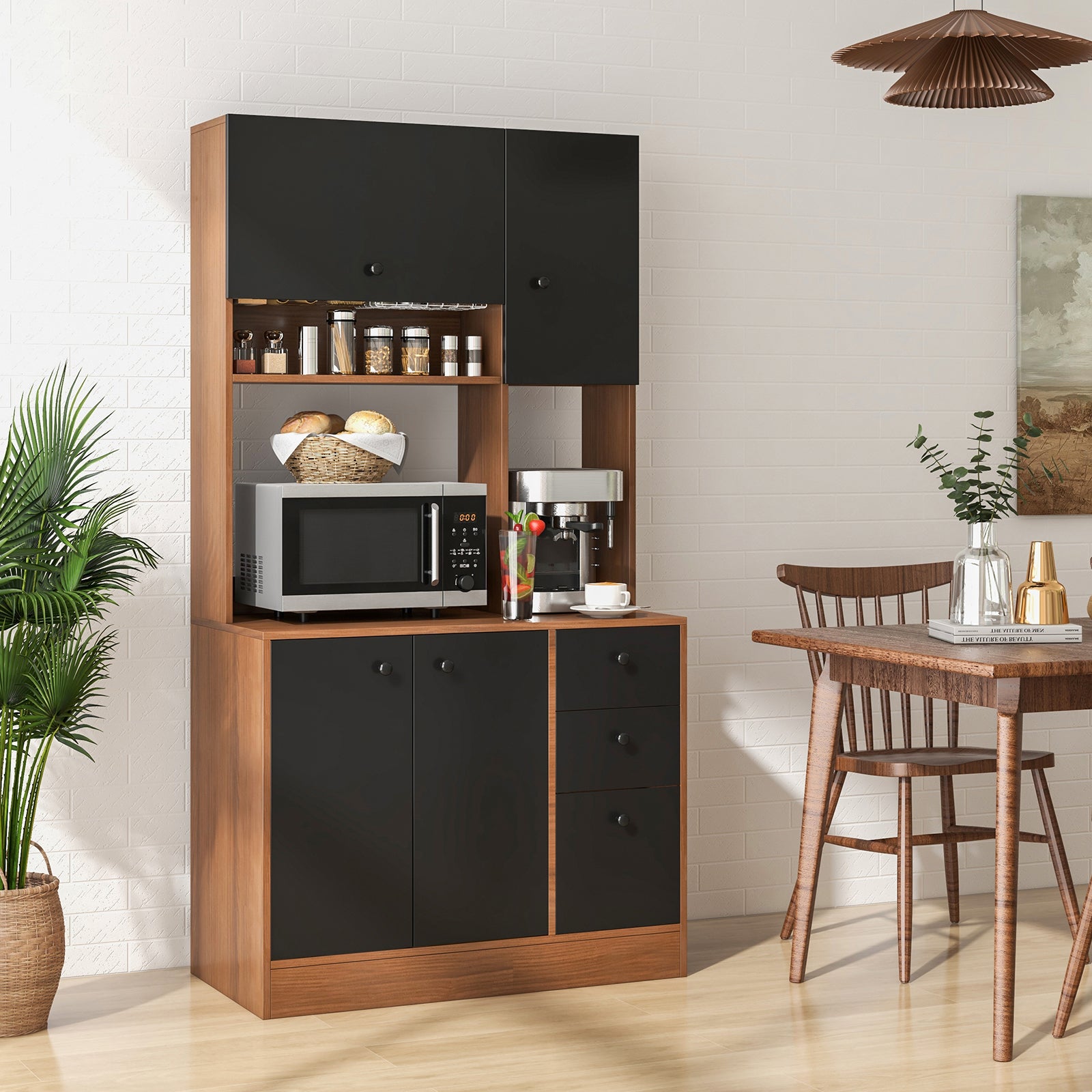 Freestanding Kitchen Pantry Cabinet with Wide Countertop and Adjustable Shelves-Walnut