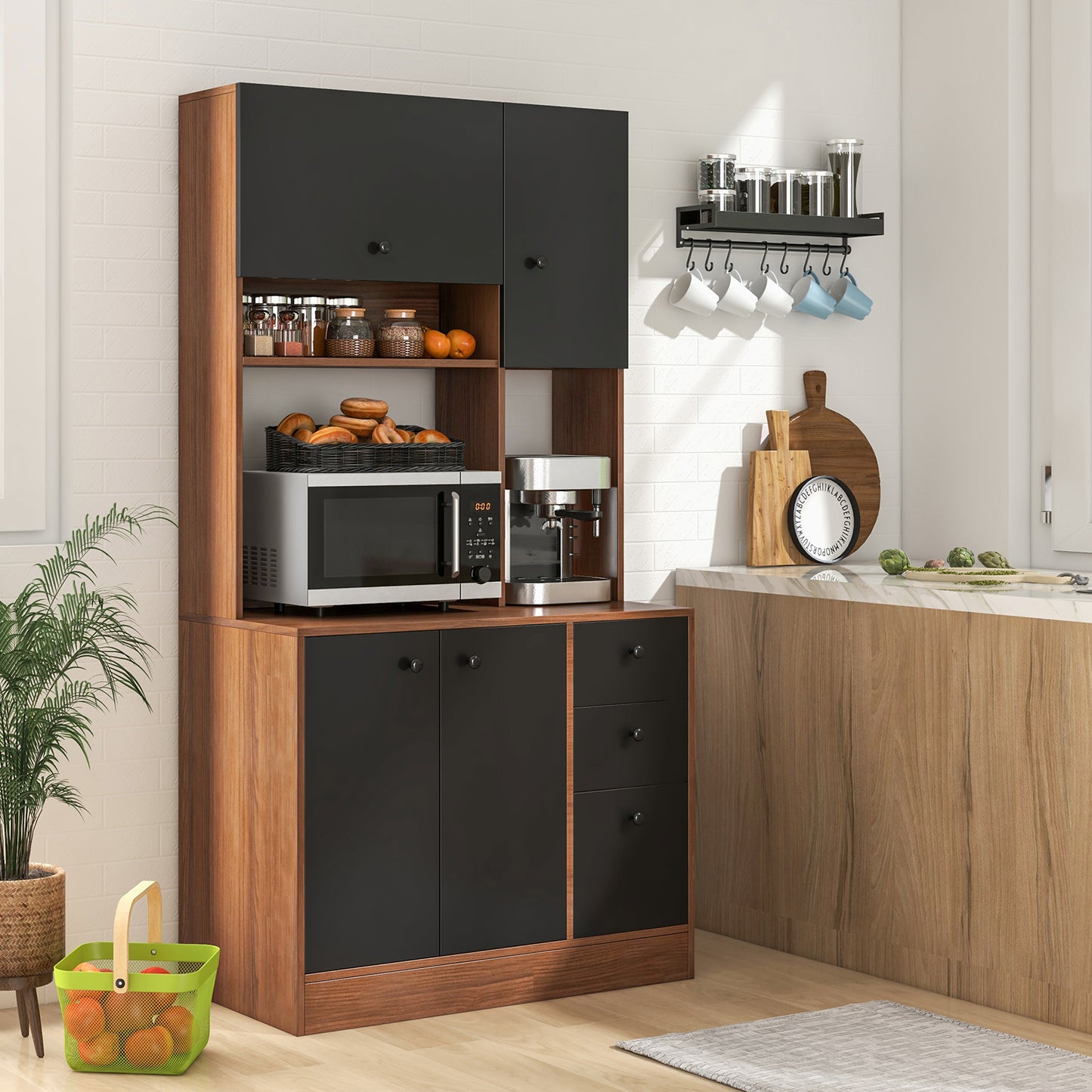 Freestanding Kitchen Pantry Cabinet with Wide Countertop and Adjustable Shelves-Walnut