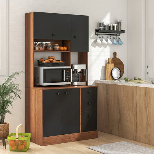 Freestanding Kitchen Pantry Cabinet with Wide Countertop and Adjustable Shelves-Walnut