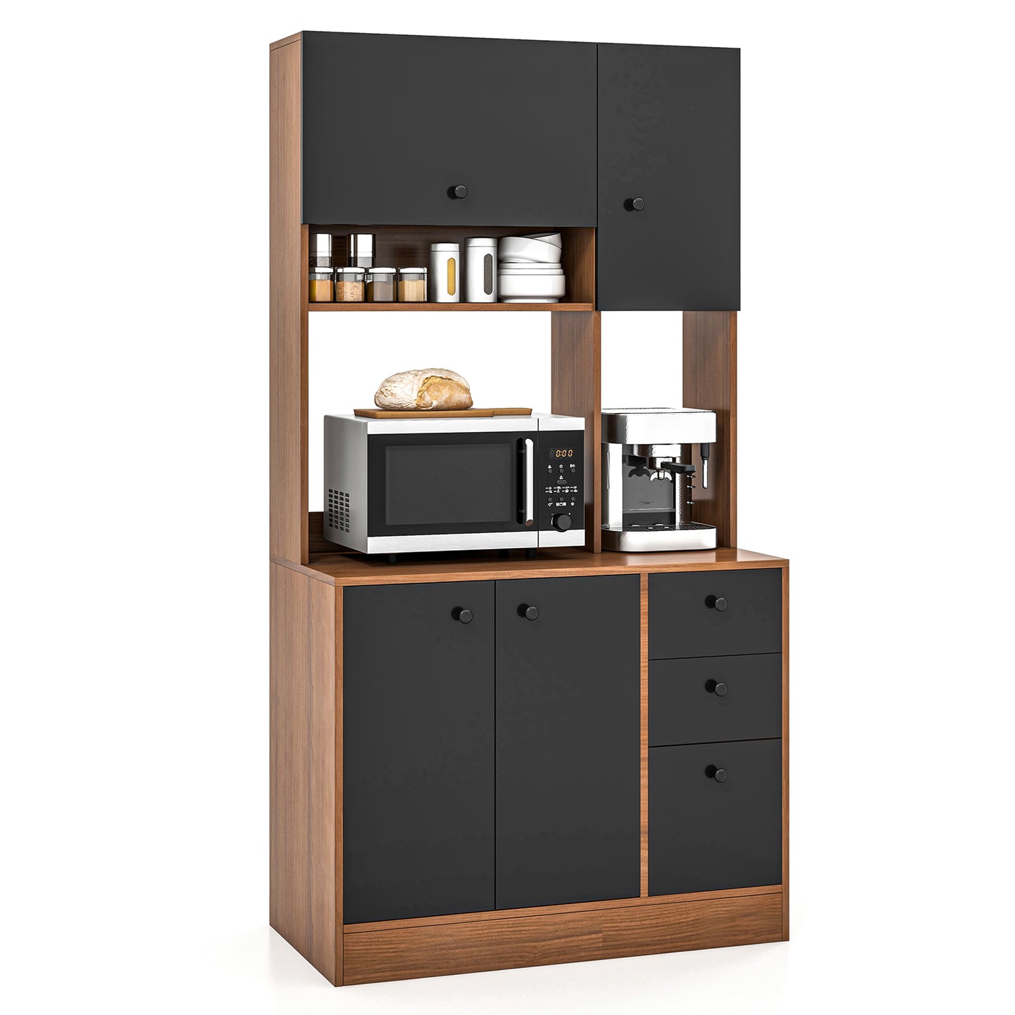 Freestanding Kitchen Pantry Cabinet with Wide Countertop and Adjustable Shelves-Walnut