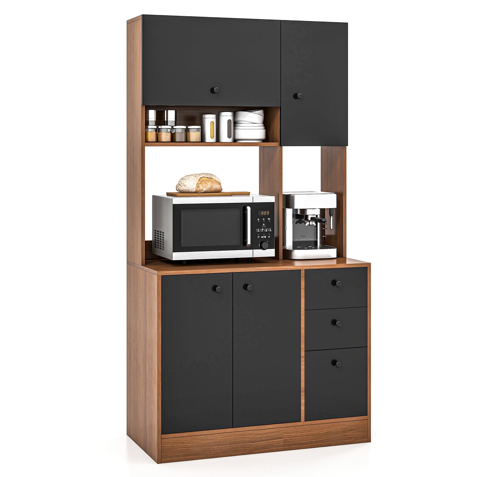 Freestanding Kitchen Pantry Cabinet with Wide Countertop and Adjustable Shelves-Walnut