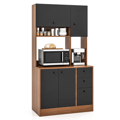 Freestanding Kitchen Pantry Cabinet with Wide Countertop and Adjustable Shelves-Walnut