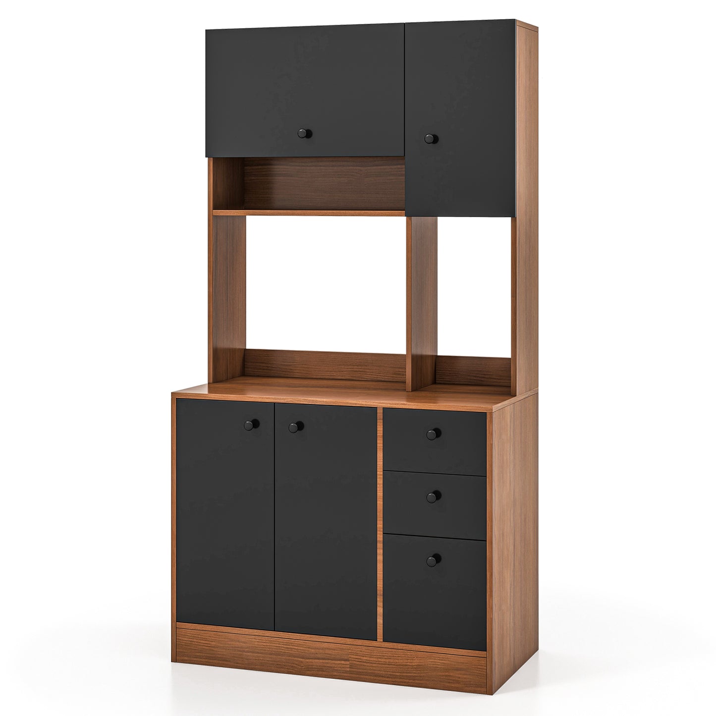 Freestanding Kitchen Pantry Cabinet with Wide Countertop and Adjustable Shelves-Walnut