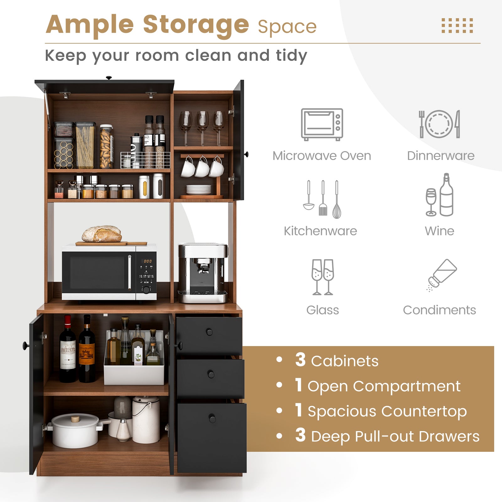 Freestanding Kitchen Pantry Cabinet with Wide Countertop and Adjustable Shelves-Walnut