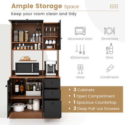 Freestanding Kitchen Pantry Cabinet with Wide Countertop and Adjustable Shelves-Walnut