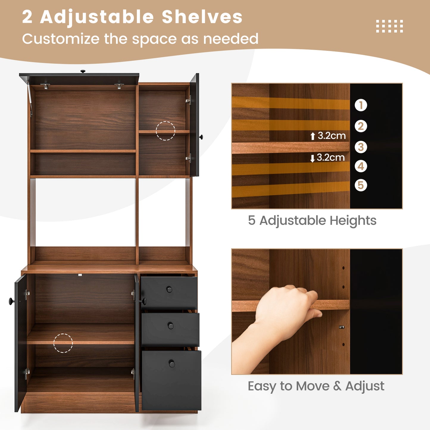 Freestanding Kitchen Pantry Cabinet with Wide Countertop and Adjustable Shelves-Walnut