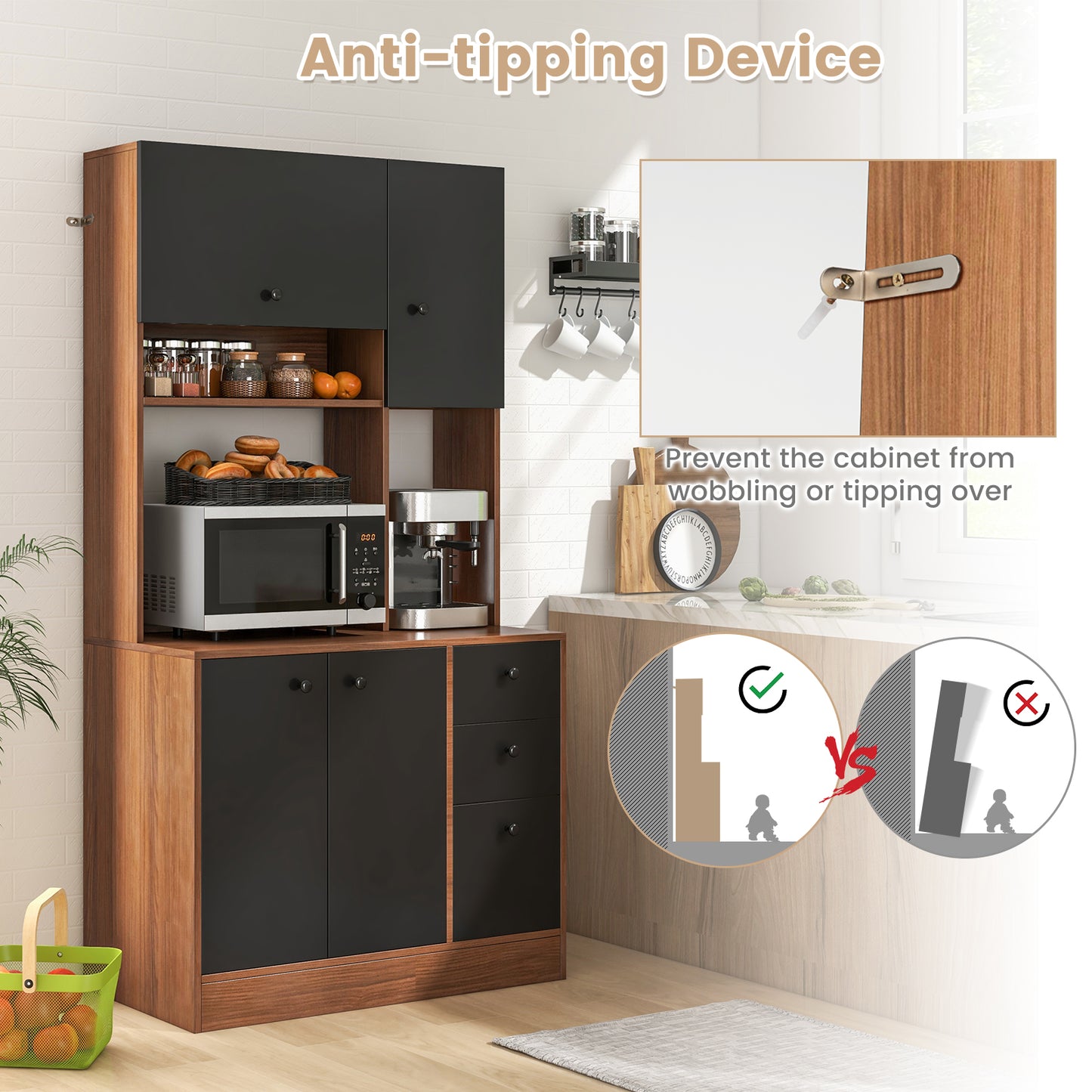 Freestanding Kitchen Pantry Cabinet with Wide Countertop and Adjustable Shelves-Walnut