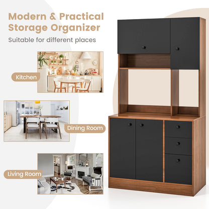 Freestanding Kitchen Pantry Cabinet with Wide Countertop and Adjustable Shelves-Walnut