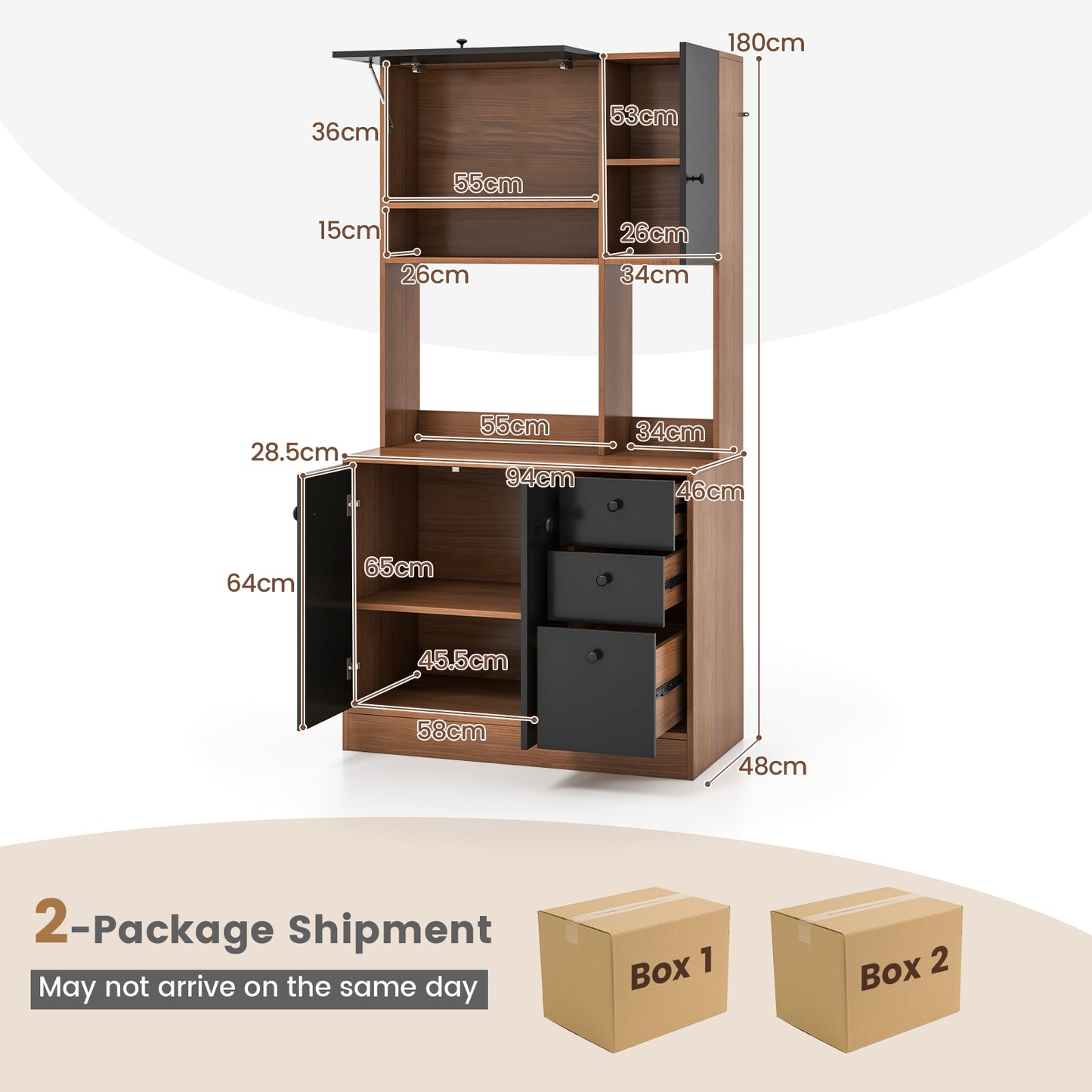 Freestanding Kitchen Pantry Cabinet with Wide Countertop and Adjustable Shelves-Walnut
